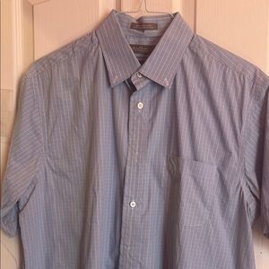 Daniel Cremieux Blue and White Beige Pinstripe Short-Sleeve Button-Down Shirt